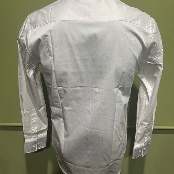 Deniko Men's White and white Embroidered Shirt rhinestone modern fit - Picture 4 of 4